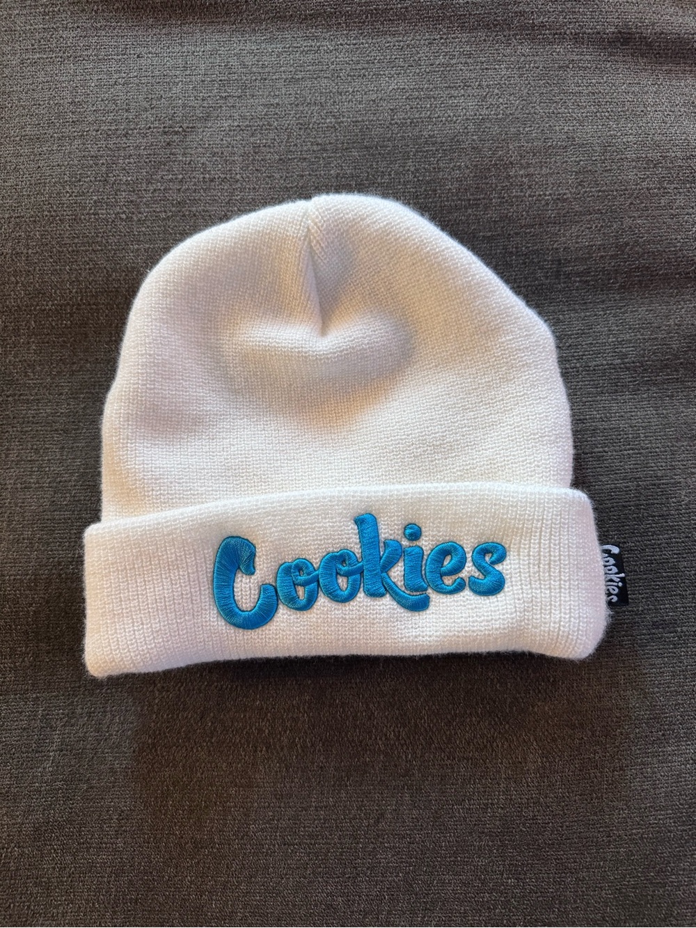 Cookies Embroidered White Beanie with Blue Logo